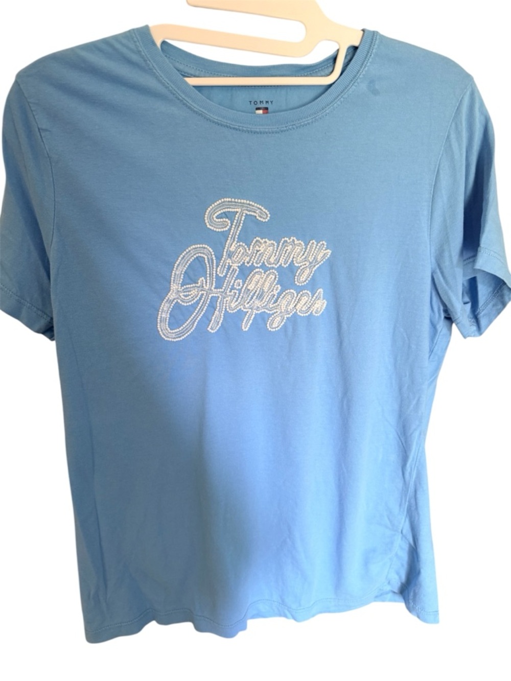 Tommy Hilfiger Sky Blue Script Logo Tee Vintage Sz.L GUC